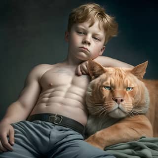 A cat is lying on the boy's abdominal muscles, boy with a shirtless body laying next to a cat