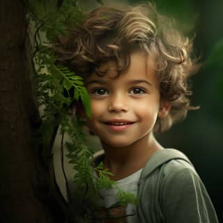 a happy boy full of love in his eyes with the beautiful green tree of harmony