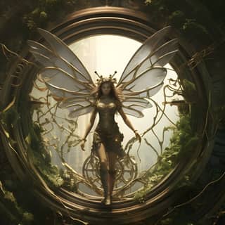 high fantasy fairy with mechanical wings walking through an overgrown round portal to a fantasy steampunk world
