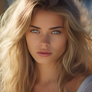 outdoor photograph a blond girl in her 20s striking blue eyes fierce look smirk and slim face a sunny environment 100mm lens