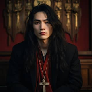 a pale handsome Korean vampire with long dark blue hair and sharp cheekbones wearing a crimson and black shirt and a large