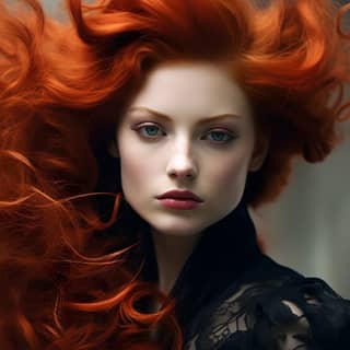the woman has a red haired outfit on in the style of victoria goth swirling vortexes penelope rosemont strong facial