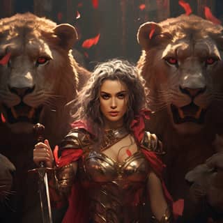 the woman in the dark with a sword is surrounded by lions in the style of indian pop culture eve ventrue light red and light