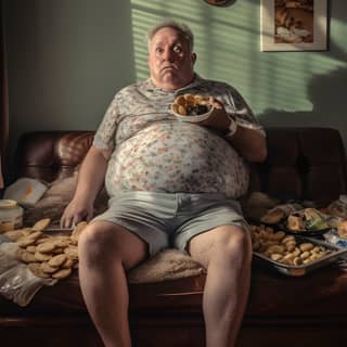 Un hombre de 60 años está cansado y con sobrepeso, comiendo mucha comida en el sofá mientras usa pantalones cortos, calcetines y sandalias. Su camisa le queda ajustada.