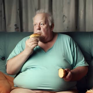 Un uomo sovrappeso di 60 anni è visto seduto su un divano, indossando pantaloncini, calzini e sandali, mentre mangia un sacco di cibo, inclusi un panino, un ciambellone e beve un bicchiere di vino.