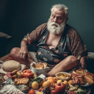 Un sacerdote con sobrepeso en sus 60 años comiendo mucha comida en el sofá, vistiendo shorts y sandalias, con una camisa ajustada.