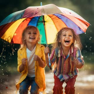 Zwei kleine Mädchen spielen im Regen unter einem Regenschirm.