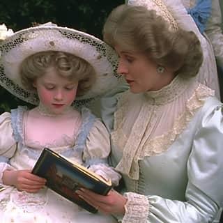 vhs clip from 1982 film children in regency attire looking at a picture book mid action tv footage