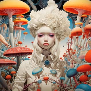Absurd: Ridiculous nonsensical ludicrous, with a mushroom hat and mushrooms in the background