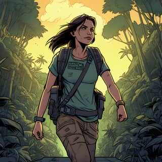 Blend of comic book art and lineart in full natural colors an attractive in her late 20s with an athletic build and