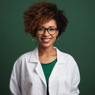 Mindful peaceful Afro American doctor woman wearing brown sweater under the white doctor uniform She is wearing eye glasses