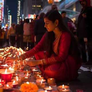 La gente india de Nueva York celebra Diwali en traje tradicional, encendiendo velas en la calle.