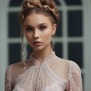 adorned in a sophisticated evening gown The camera focuses on the detailed braids The makeup is soft and romantic enhancing