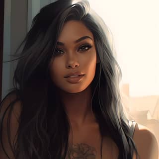 an illustration of a gorgeous exotic woman long black hair with brown eyes round face wearing a black tank top tattoos