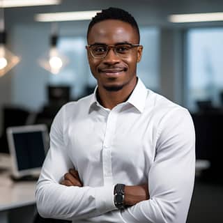 black man 35 years old IT manager white shirt confident assertive glasses friendly smiling professional lightning office