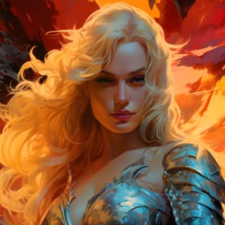 a blond woman with a sword and red sky in the style of boris vallejo colorful costumes dark gold and light azure kieron