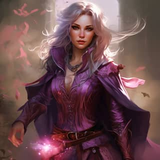 female eladrin warlock of the feywilds purple pink clothing fantasy