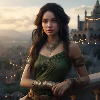 Seorang gadis dengan wajah cantik, rambut hitam panjang, dan mata hijau yang memakai aksesori batu permata berkualitas tinggi, digambarkan dalam Unreal Engine 5.