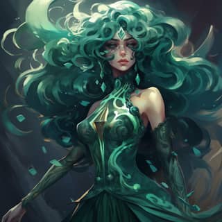 malachite as a person, with long green hair and green eyes