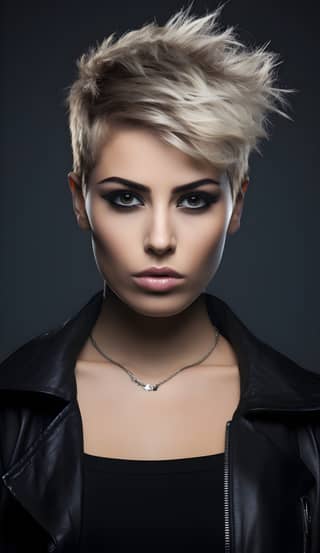 A model with a daring pixie cut dressed in edgy street-style fashion The camera angle is dynamic The makeup features a