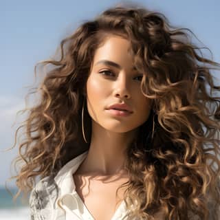 A model with effortlessly chic beach waves wearing casual beachwear The shot is captured from a mid-level angle The makeup