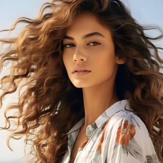 A model with effortlessly chic beach waves wearing casual beachwear The shot is captured from a mid-level angle The makeup