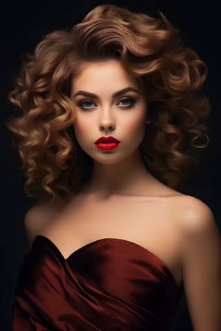 Una mujer hermosa con cabello rizado y labios rojos posando en un elegante vestido de noche.
