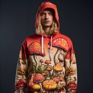 mushroom designs on hoodie and sweatpants, wearing a mushroom print hoodie