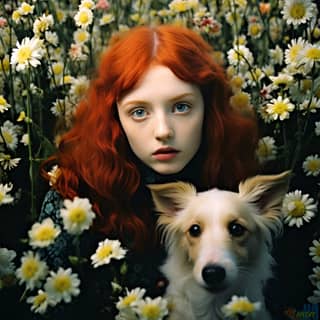 a red hair green eyes with freakles sad in a filed of flowers with dog
