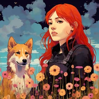 a very strange but pretty red hair with frekles girl in a field of flowers with her dog a Shiba inu