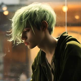 A 16-year-old Korean boy with yellow-green hair was sitting by the window in a cafe The boy was looking out the window