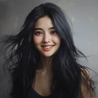 Gadis berusia 18 tahun dengan rambut hitam panjang tersenyum ke kamera, memamerkan kecantikannya.