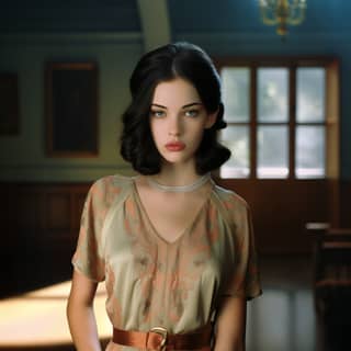 Mujer de pie con un vestido de estilo de los años 1920 en una habitación con una lámpara de araña.