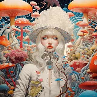 Absurd: Ridiculous nonsensical ludicrous, surrounded by mushrooms and other plants