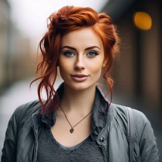 Carla Caruso is woman with braided bun hair und brigth red hair and she is wearing leather jecekt in gray color