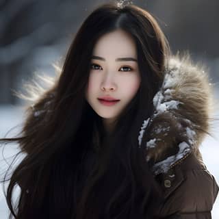 Eine schöne chinesische Frau mit langen Haaren und einem Pelzmantel steht im Schnee während des Winters.