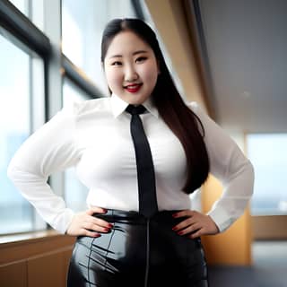 Déesse comme une jeune fille japonaise dodue de 20 ans avec des hanches extrêmement larges portant un pantalon taille haute en latex noir brillant reflété dans une chemise blanche et une cravate noire.