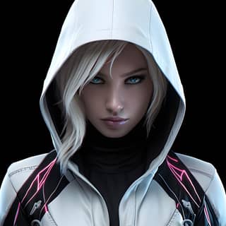 Spider Gwen domina en un realista traje de cuerpo completo con capucha, con detalles impresionantes y curvas elegantes, renderizado en alta definición.