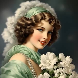 Vintage Christmas lady dressed in green with white fur trim holding a christmas bouquet portrait illustration from an old