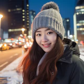 冬服を着た若い女性が自然な夕方の光でクローズアップの自撮りを撮っており、雪の中や夜の通りで立っています。