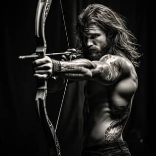 aiming bow white male sagittarius black and white looking in to target eyes visible background blurry mid long hair beard