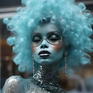 Mannequin dengan rambut aquamarine dan abu-abu dalam gaya afrofuturism bio-art bubble goth, dengan rambut biru dan kacamata di jendela toko.