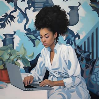 beautiful black woman with goddess locs light blue modern suit in her office on her laptop
