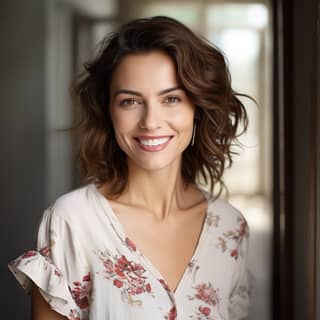 तीस के दशक में एक खूबसूरत, पतली, भूरे बालों वाली महिला एक मिठे चेहरे और खुशमिजाज मुस्कान के साथ द्वारपर खड़ी है, जिसमें फूलों वाली कमीज और सफेद साड़ी पहनी हुई है।