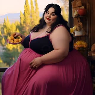 Uma linda mulher grávida e gorda está segurando um prato de comida em um vestido rosa.