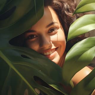 beautiful hiding behind a large monstera leaf in the style of distinct facial features joyful and optimistic soft-focus