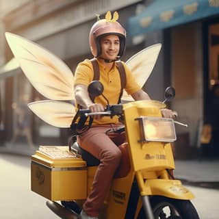 a food delivery guy on scooter with small yellow fairy transparent wings clean outfit photography in the city