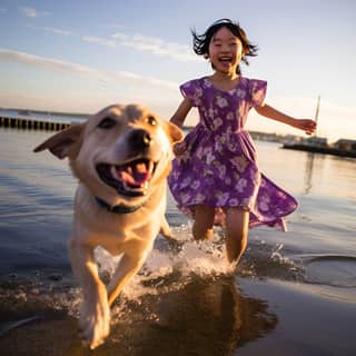 夕日の中で、女の子と彼女の犬が水で遊んでいます。