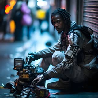 A futuristic street artist panhandling African-American shallow depth of field gritty urban scene clean lines cyberpunk