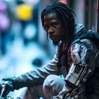 A futuristic street artist panhandling African-American shallow depth of field gritty urban scene clean lines cyberpunk